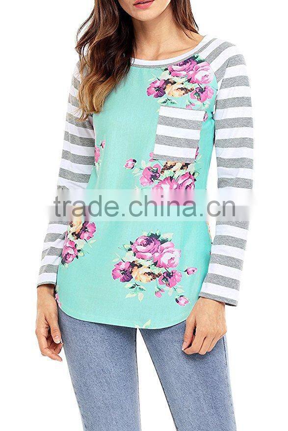 Women Floral And Stripes Mix Pattern Blouses Tops