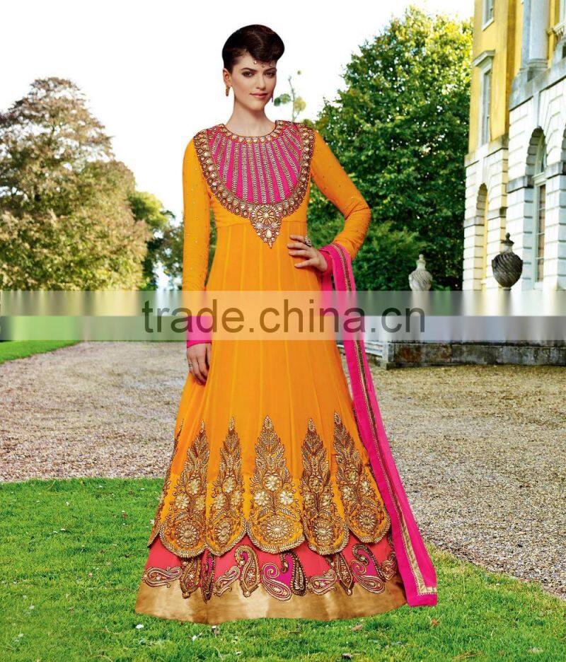 Yellow color on brown with purple color on embroidery heavy design jacket long Anarkali Designer Semi Stitch Salwar Kameez