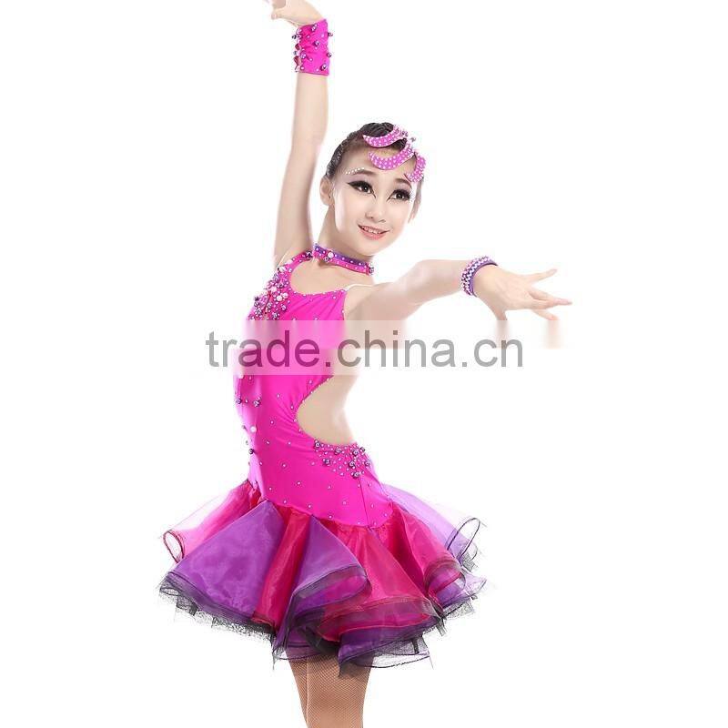 Girl Sexy Open Back Sequin Latin Dance Dress Child Kid Rhinstone Tango Salsa Ballroom Performance Dresses