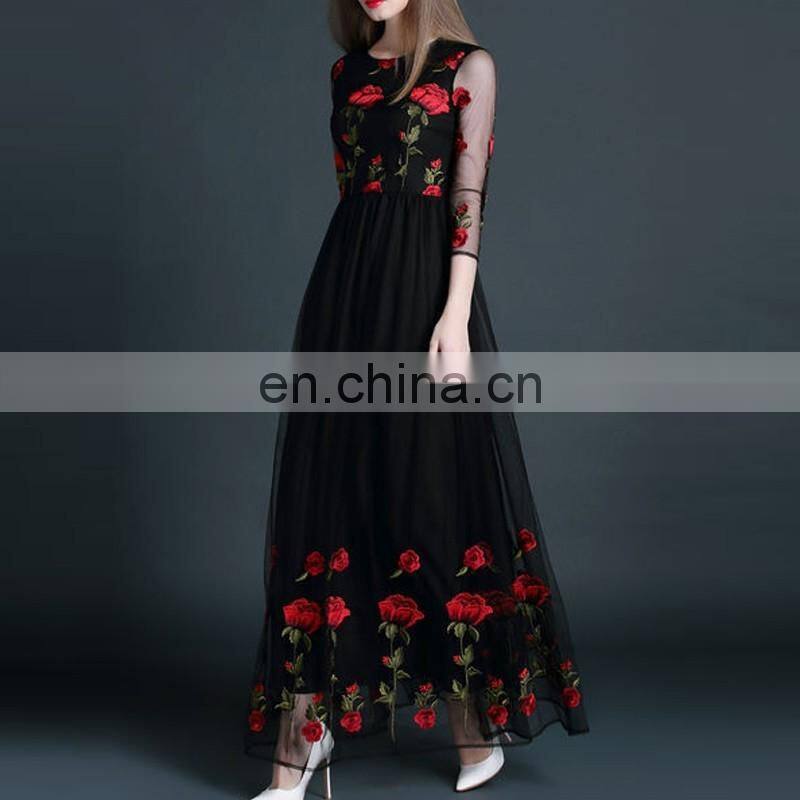 2016 Newest Spring Maxi Long Style Net Yarn 3/4 Sleeve Embroidery Evening Dress