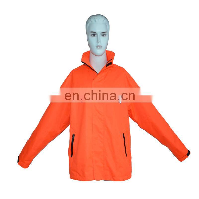 OEM flourescence orange 210T polyester breathable rain jacket with reflective logo