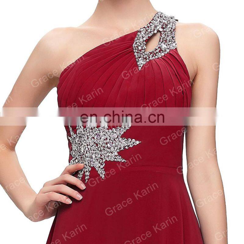 Grace Karin Fashion Beaded One Shoulder Dark Red Chiffon Prom Dress Long CL2949-7
