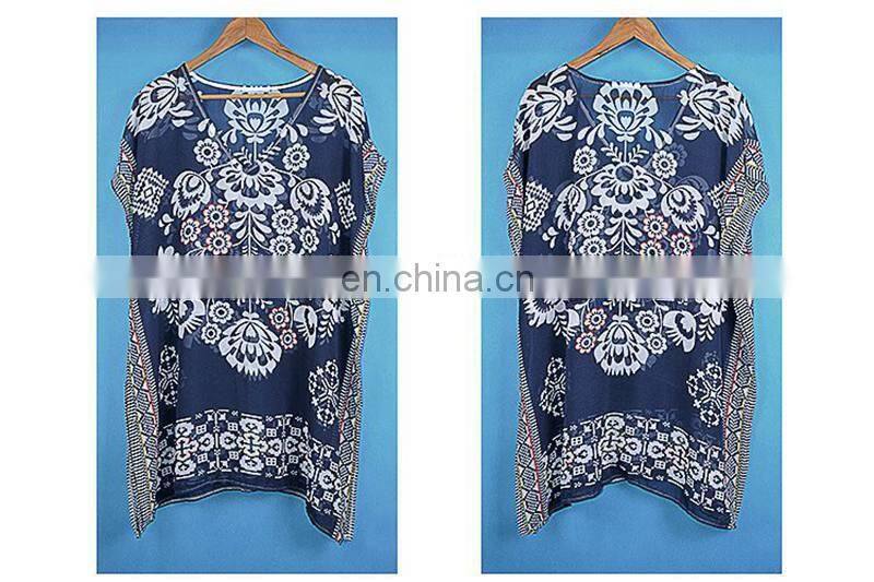Beach Tunic Navy Blue Vintage Kaftan Beach Bikini Cover Up Chiffon Loose Swimwear Summer Dress Women