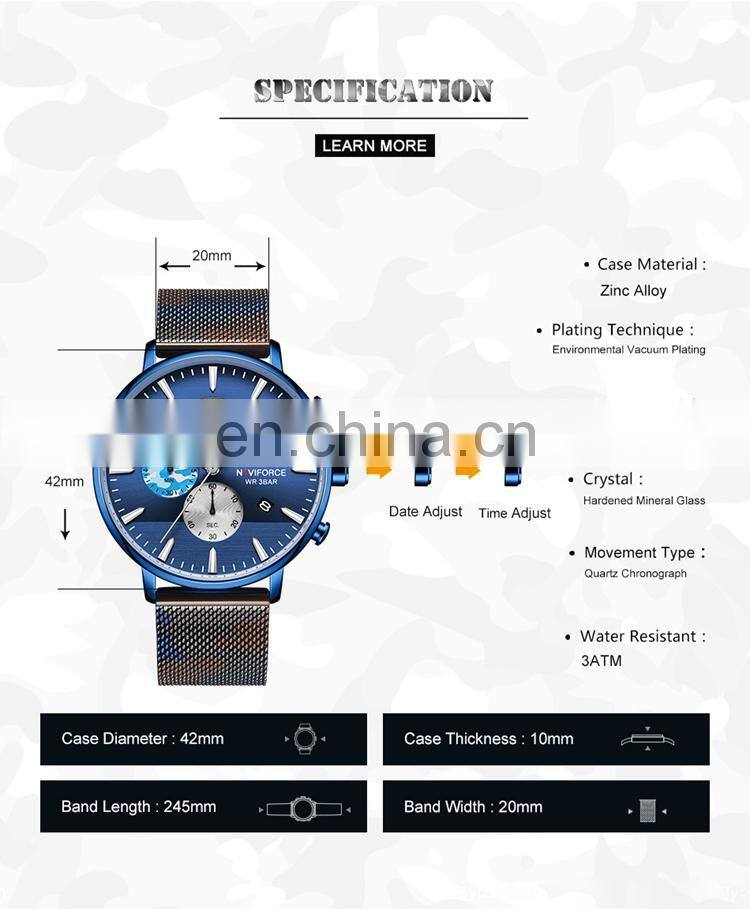 NAVIFORCE NF9169 Unique Design Original Japan Quartz Brand Watch Camouflage Stainless Steel Men Wrist Watches
