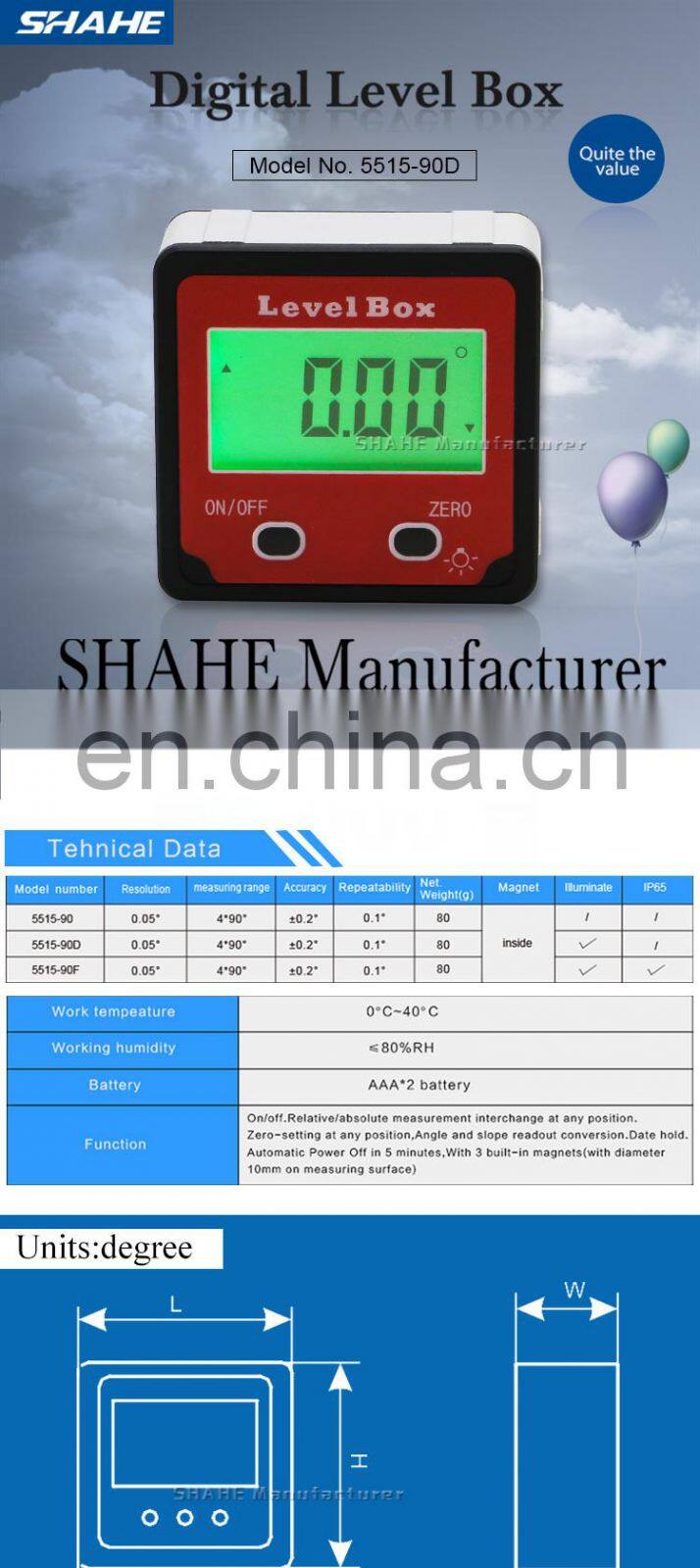 SHAHE Digital Inclinometer With Backlight Digital level box with magnetic mini digital protractor