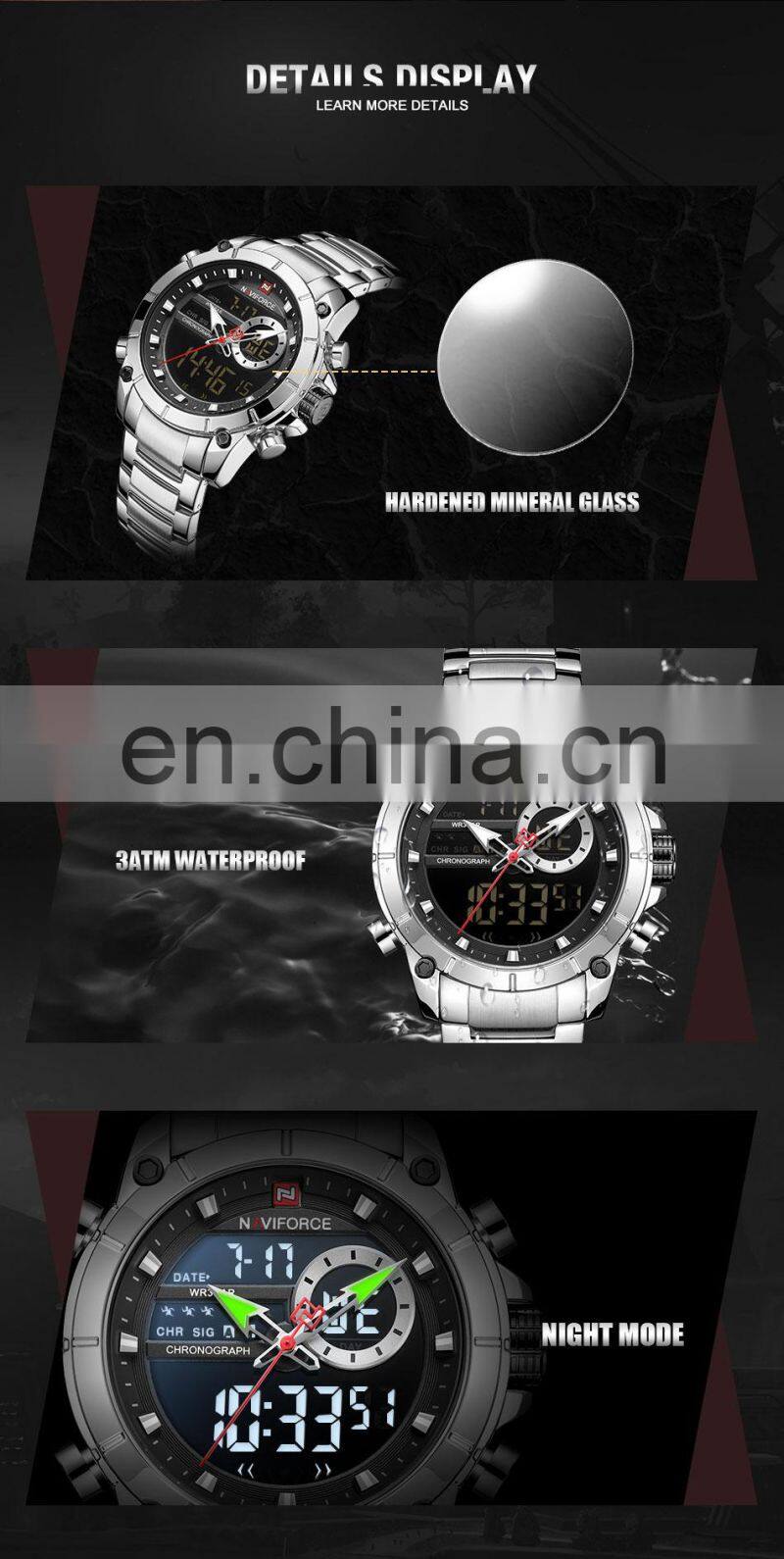 NAVIFORCE 9163 Sport Double Display Quartz Movt Wrist Watch Stainless Steel Luminous 2022 Watches Bling Watches Luxury