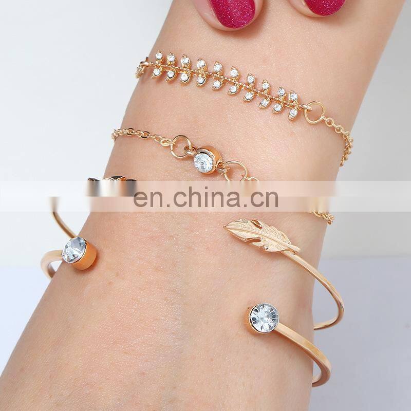 4Pcs/set Women Vintage Crystal Leaves Geometric Chain Gold Bracelet Set Bohemian Bracelets Jewelry