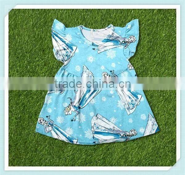 Latest style frozen elsa print girls summer dresses flutter sleeve dress for baby girl childrens boutique clothing dress