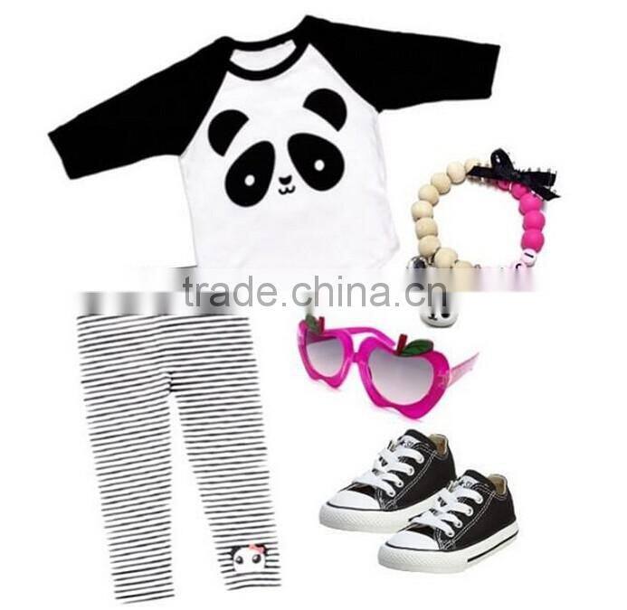 2016 Spring autumn children clothes sets kids cartoon pandas outfits baby long sleeve t-shirt + stripe long pants suits