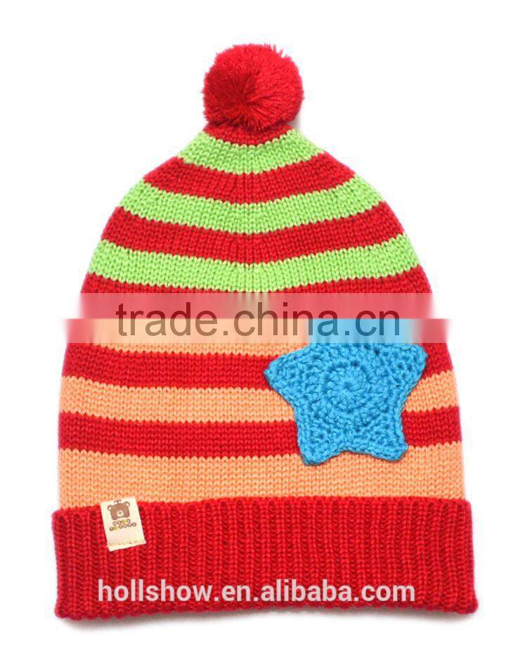 Hot Selling Star Applique Baby Boys Girls Stripe Knitted Pom Pom Baby Beanie Cap