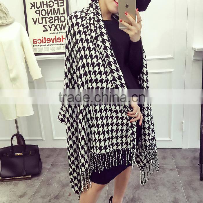 Za Fringed Tassel Houndstooth Jacquard Woven Cashmere Feel Acrylic Scarf