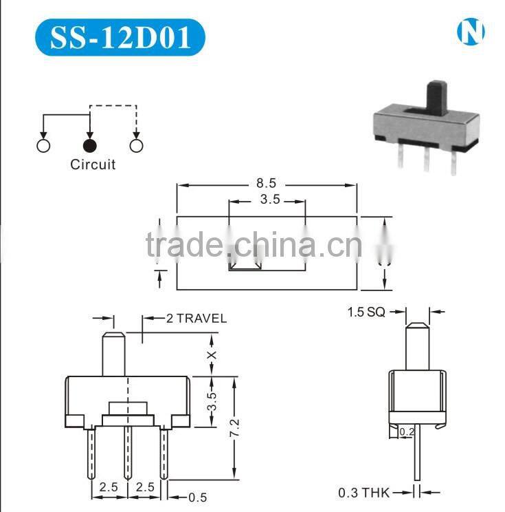 High quality 1P2T 0.3A 50V AC slide switch