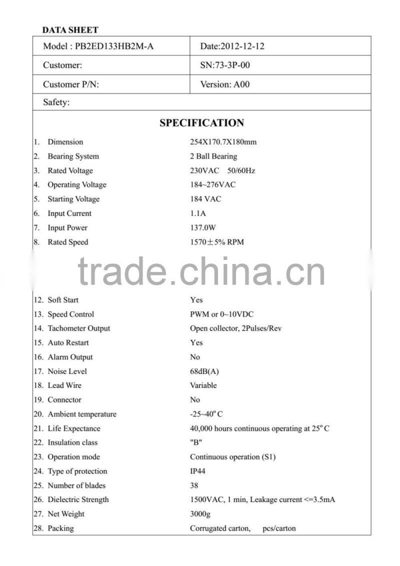 PSC ECAC Centrifugal Fan: 254x170.7x180mm with CE and Erp 2015