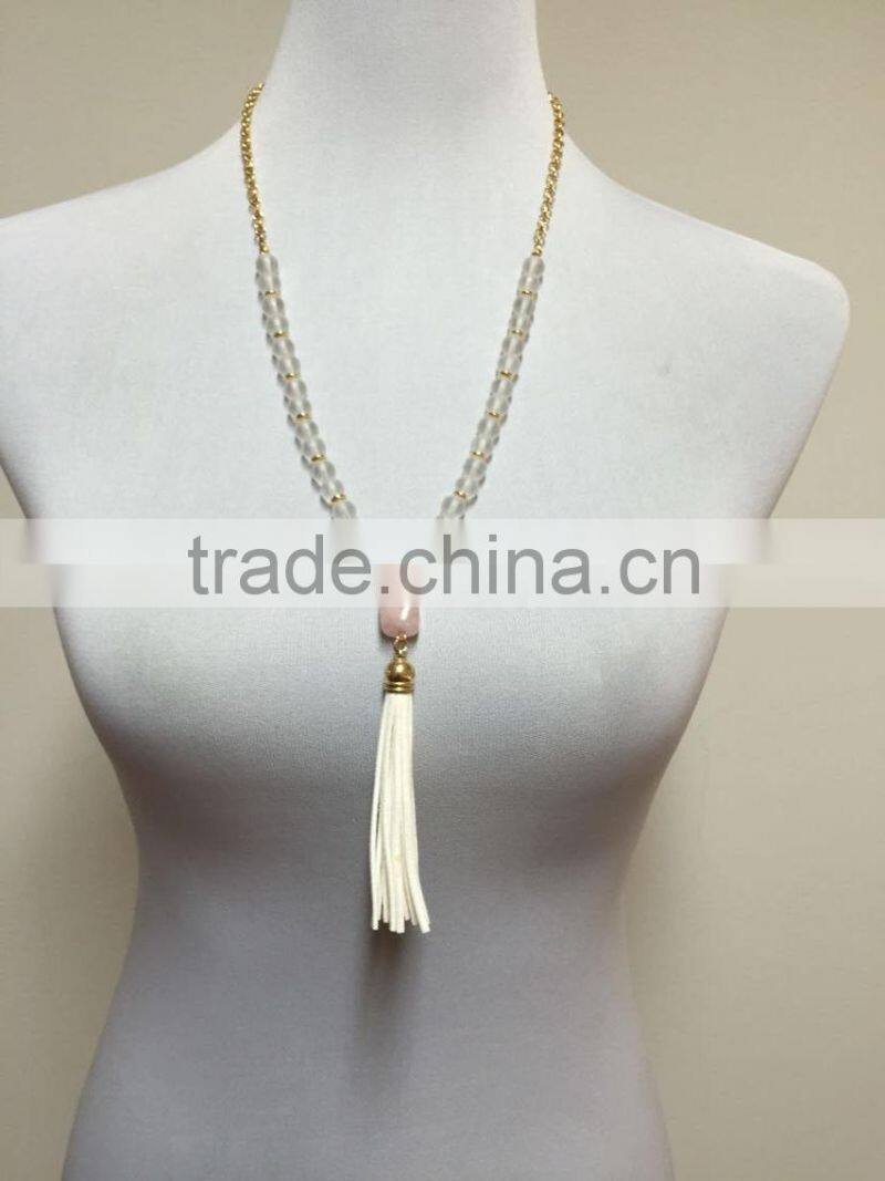 Fashion latest design natural alabaster stone, natural crystal stone, tassel necklace