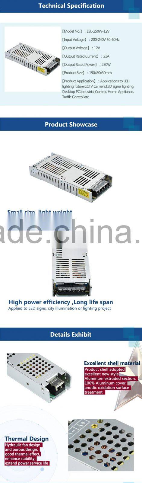 CE approved High quality Extra Slim LED Power Supply 250W 12V with Normal Extra Slim