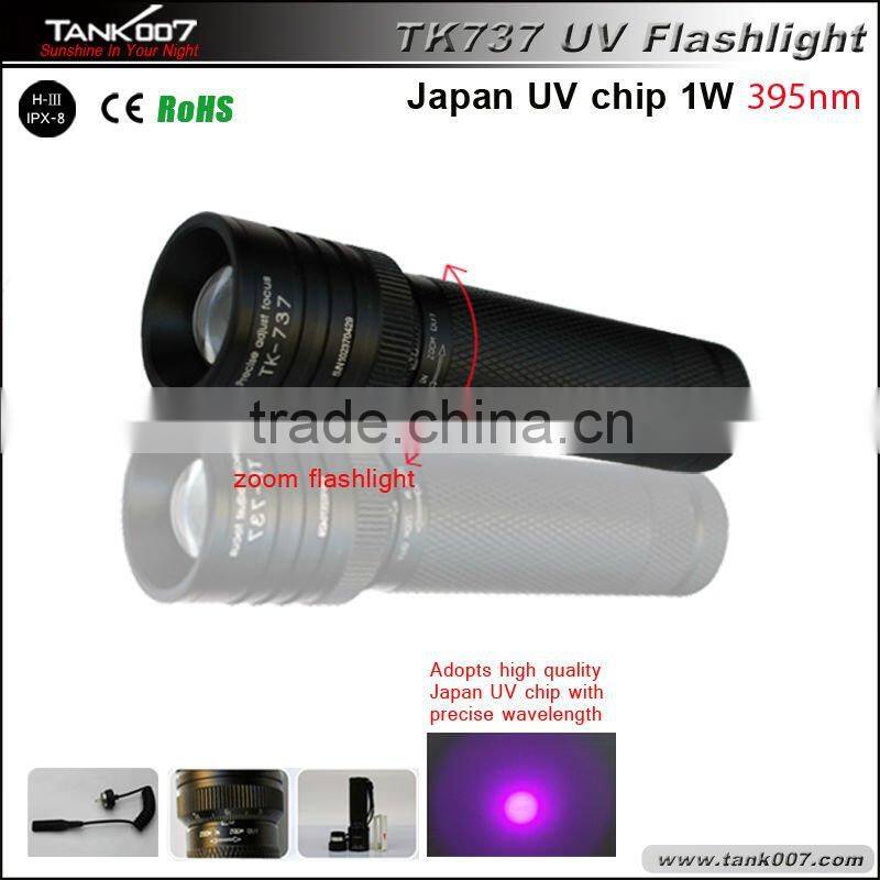 Aluminum high power uv flashlight to detect fake money Zoomable 1W 395nm UV Flashlight TK737