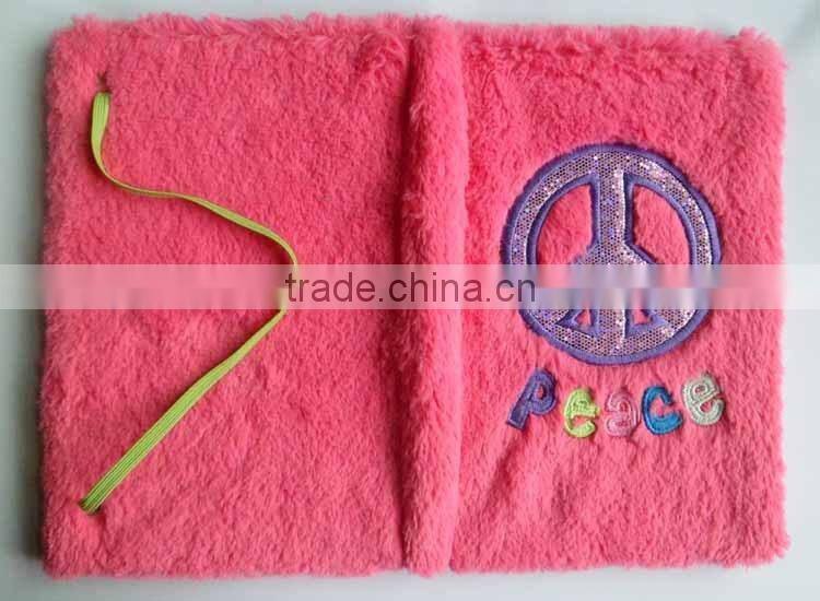 Blue Plush Cover Peace Embroidered Notebook with Elastic Bands Enclosure
