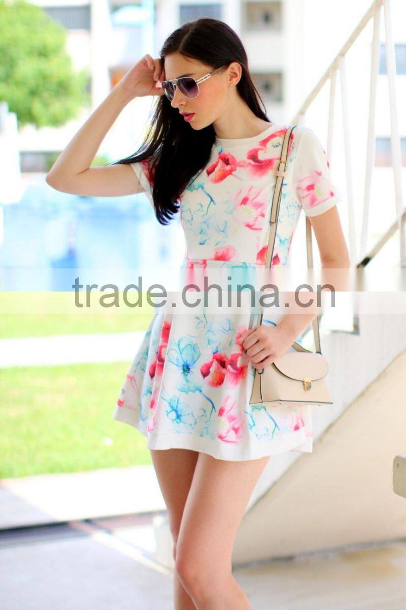 New design short sleeve dress in mix floral korean dresses new fashion lady dress