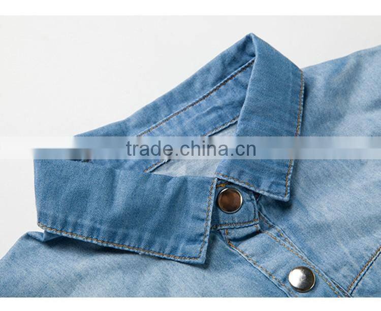 2016 Summer Fashion Ladies Snap Buttons Closure Denim Shirt Rolled Half Sleeve Slim Fit Casual Shirts For Women