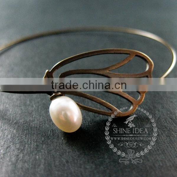 65mm diameter one end open antiqued bronze butterfly wing fresh water pearl charm wiring fashion bangle bracelet 6450048