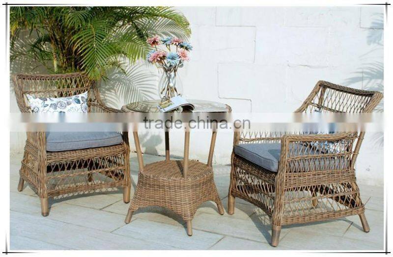 Natural Handmade Rattan Wicker Set: 2 Lounge Arm Chairs with Cushions and Table