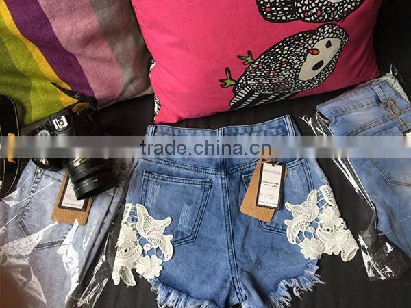 Bohemia style women high waist ripped jeans lace shorts