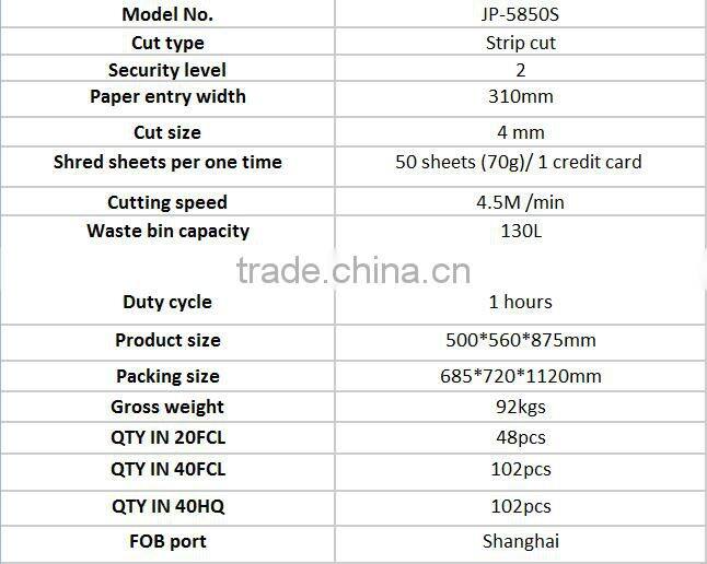 JP-5850S Shredding A3 paper Heavy Duty Paper Shredder machine For Big office equipment