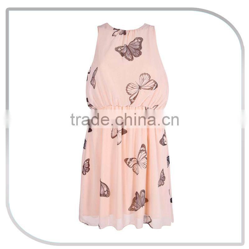 Fashion silk slip butterfly printed skater sleeveless chiffon dress with belt 2016 women clothing