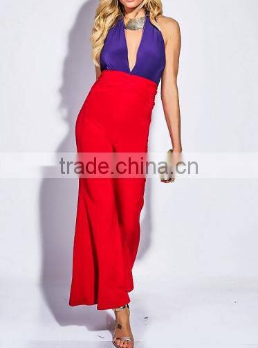 New sexy women backless COLOR BLOCK RUCHED DRAPE HALTER fit bodycon PARTY WIDE LEG JUMPSUIT OEM cheap