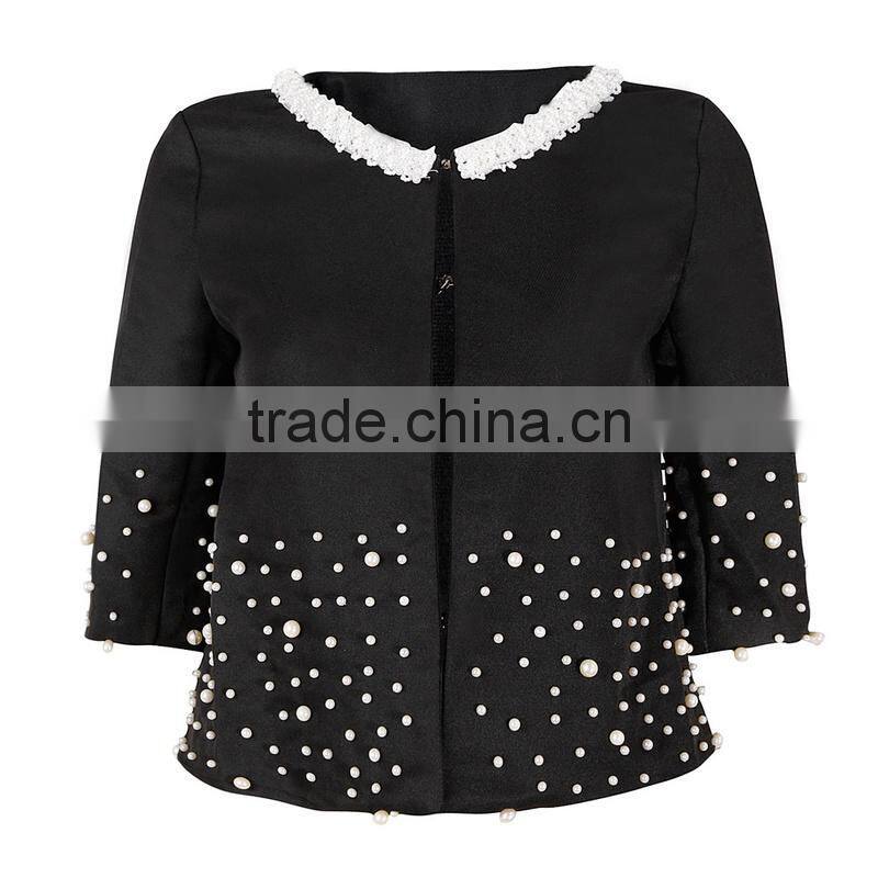 2014 new fashion white pearl line beaded lace mid sleeve elegant jacket