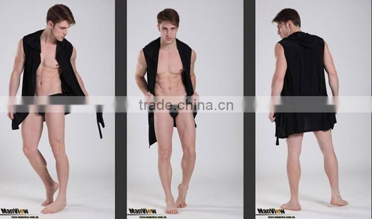 Wholesale Men Satin Silk Bathrobe Sleeveless Hood Bathrobe