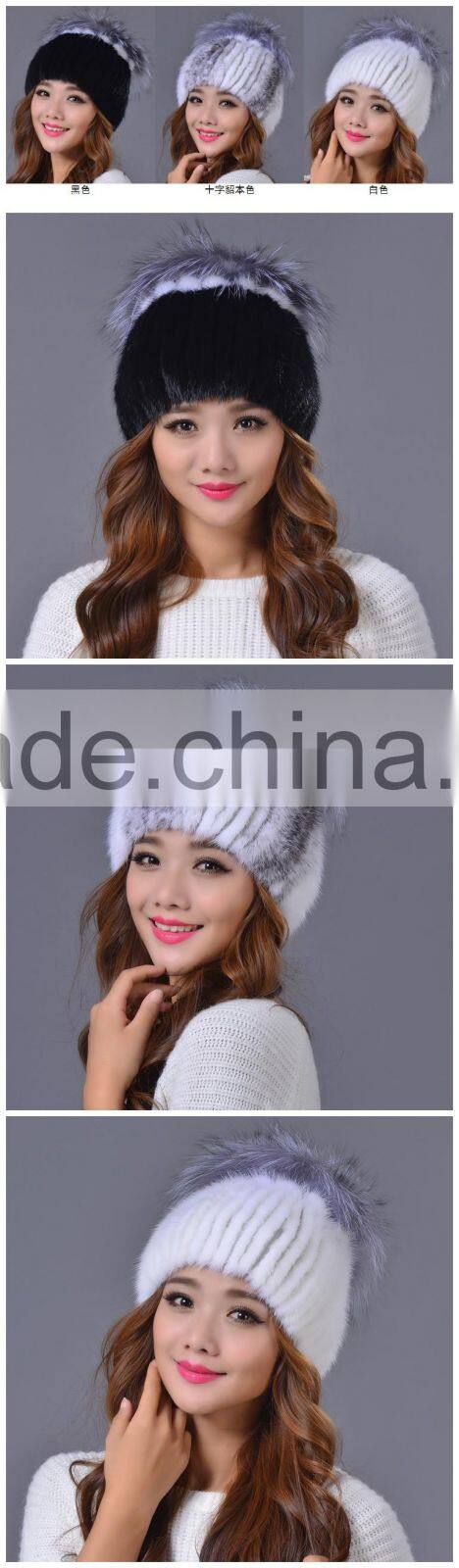 100% Real Knitted Mink Fur Hat With Large Silver Fox Fur Pom Poms Beanies Elegant Women Natural Fur cap