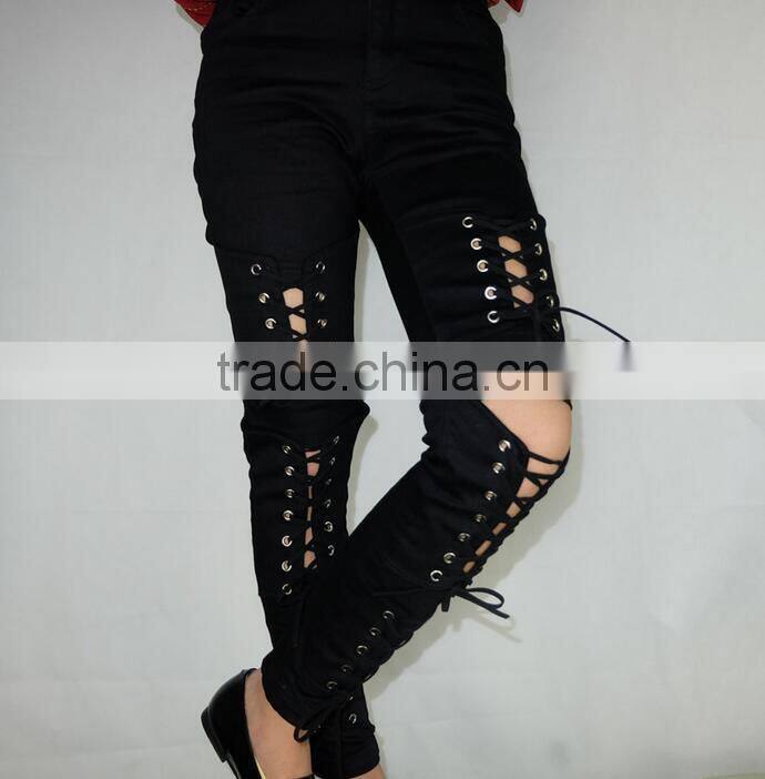 M1192 Runwaylover hollow cross bandage tight pants autumn demin pants