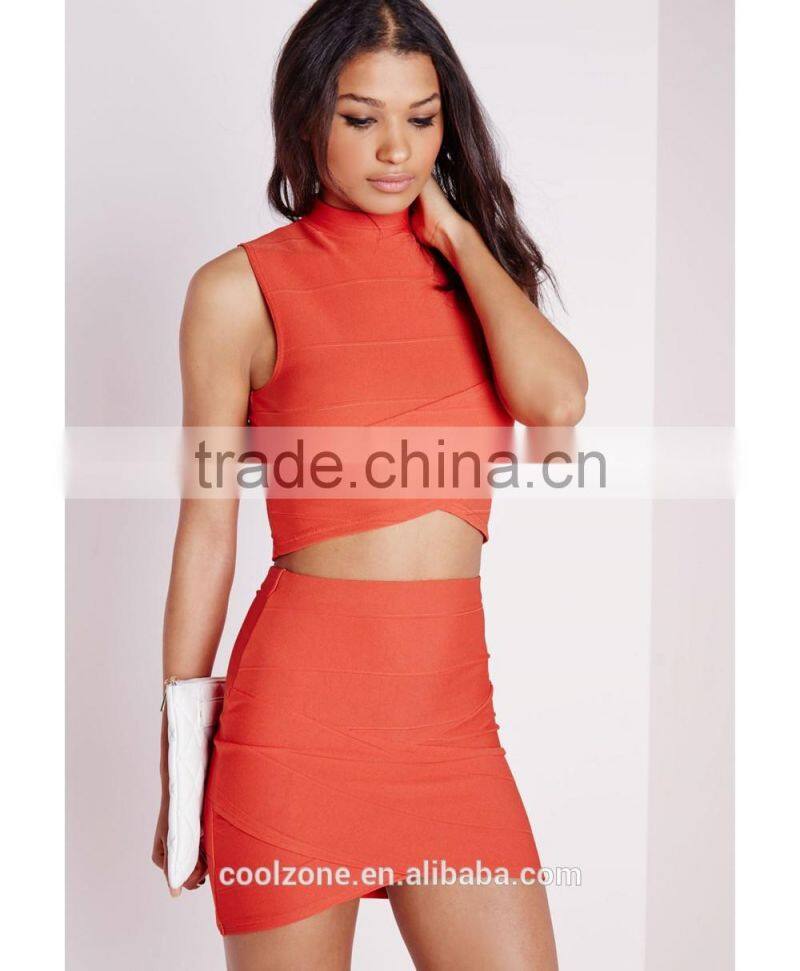 Wrap over sleeveless bandage design two piece evening dress