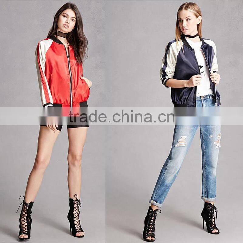 Satin back floral embroidered striped raglan sleeves casual coats for ladies