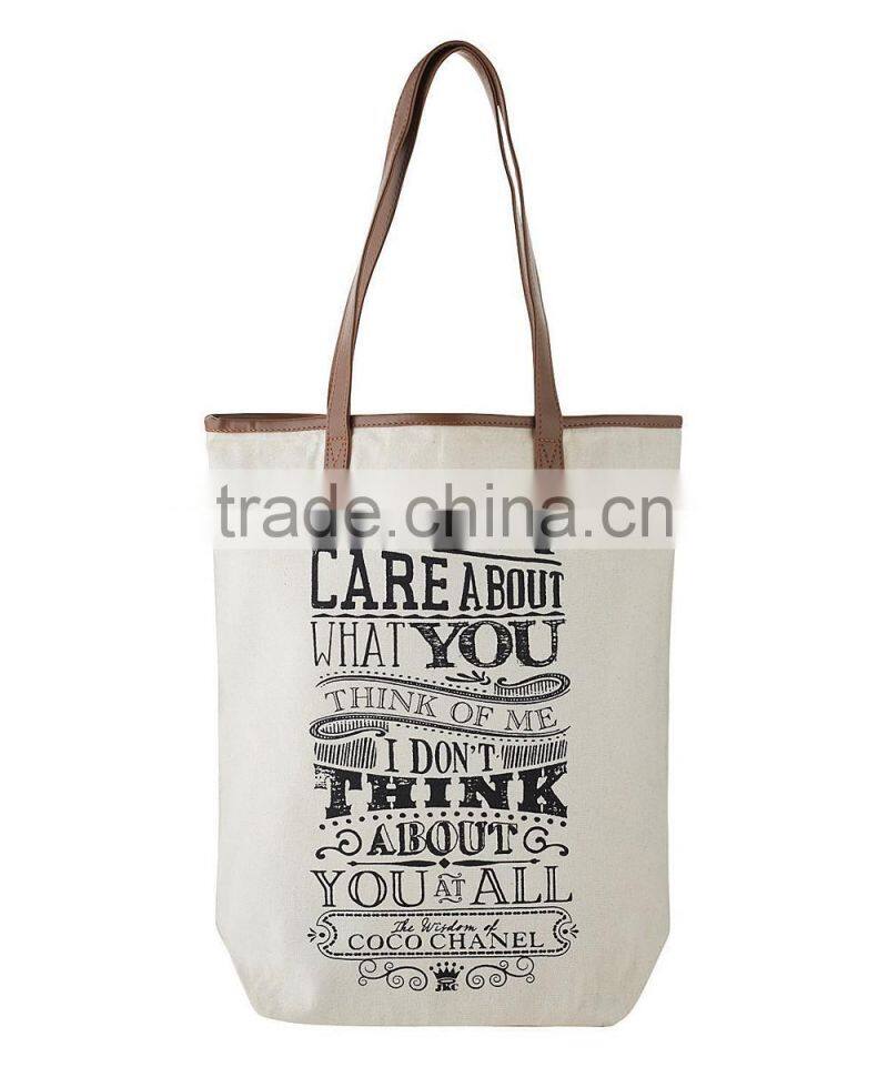 High quality reusable canvas shopping bag with pu leather handles