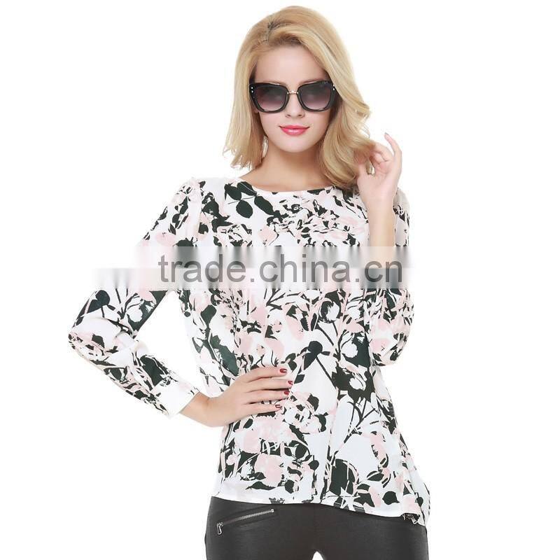 Women's autumn new style back split ink printing leaves pattern long sleeve chiffon shirt