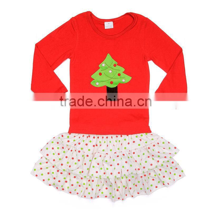 2014new style kids long sleeve dress girls smocking ruffle dress with polka dots for christmas wear wholesale baby clothes