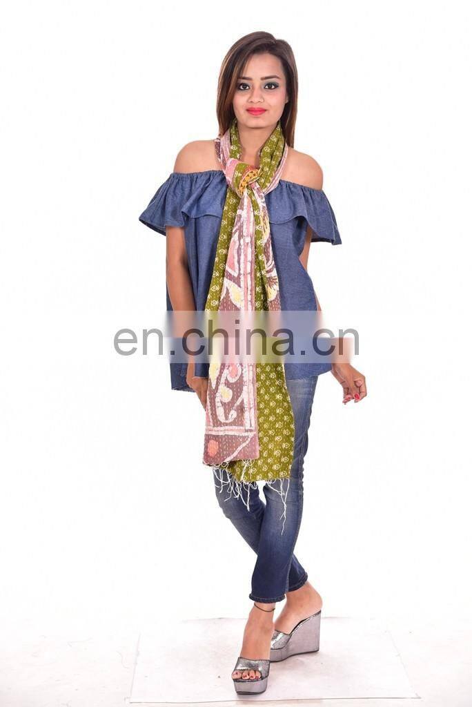 Cotton Kantha Vintage Scarf Reversible Sari Stole Hijab Bandana Shawl