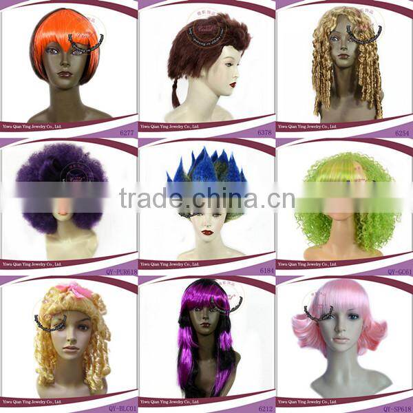 Cheap short red curly synthetic halloween party hair wig with ox horn