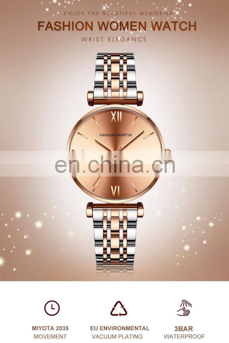HANNAH MARTIN 1522 Womens Quartz Watch Luxury Bracelet Gold Waterproof Ladies Watch