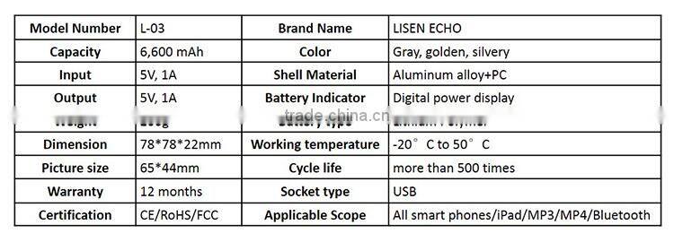 High quality mirror panel USB battery power bank with 6600mAh polymer