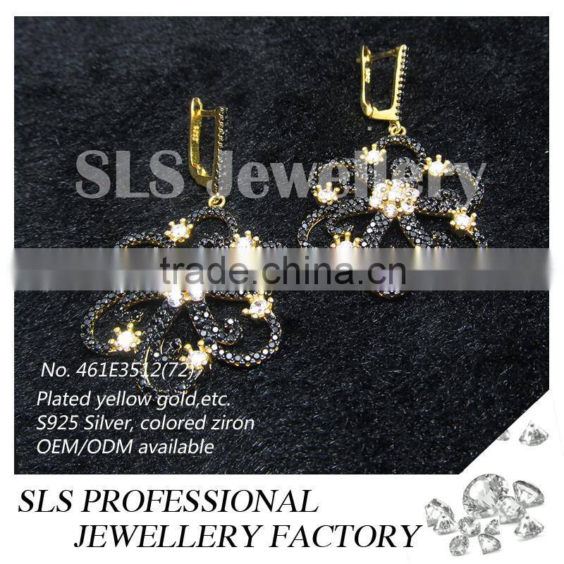 SLS women african inspired jewelry drop earrings silver fashion jewelry jhumka earrings with black CZ jewelry wholesale china
