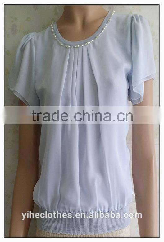 Simple chiffon T-shirt short sleeve knitting wear with chiffon stitching