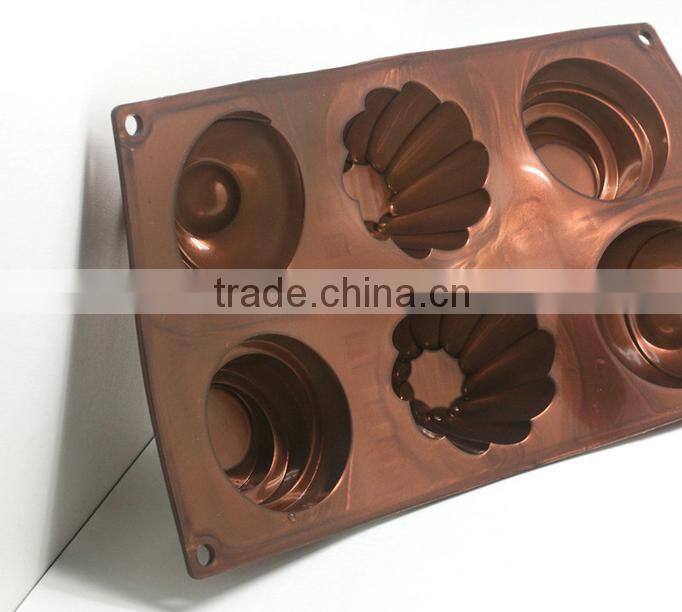 2016 Hot sale food grade FDA and LFGB 6 hole new creative metal colorful silicone cake mold
