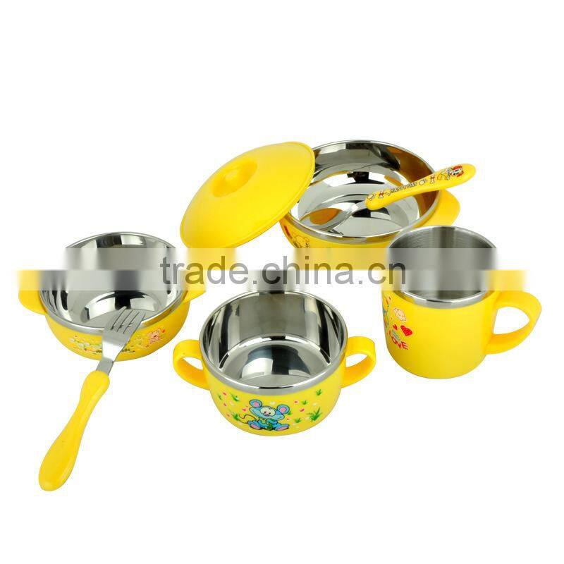 tableware wholesale stainless steel color bowls set with fork spoon and plastick lid for kids