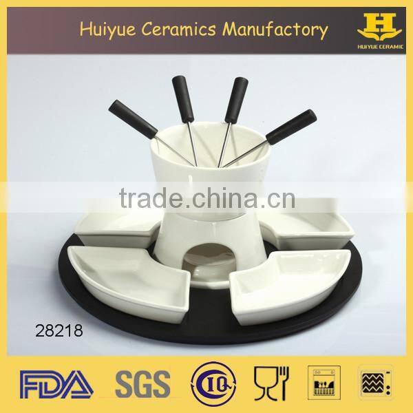 ceramic chocolate fondue set with bamboo base