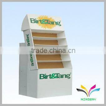 China supplier custom recyclable 3 tiers painting unique floor standing cardboard cosmetic shelving rack