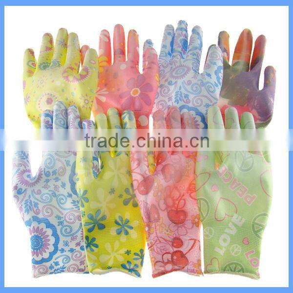 Flexible & Comfortable Knitted Polyester Printing Gardening PU Gloves With All Size