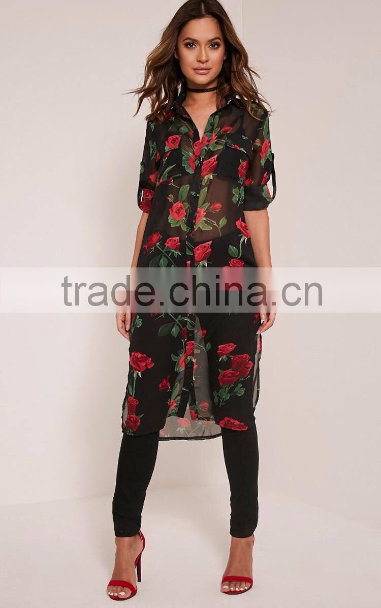 SHANGYI Fashion Black Rose Print Chiffon Longline women Blouse
